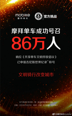 摩范停車活動用戶火爆參與，摩拜單車已申報吉尼斯世界紀錄稱號