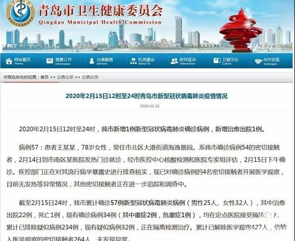 青島4名新冠肺炎患者出院 此前確診的第57例病例密切接觸者公布