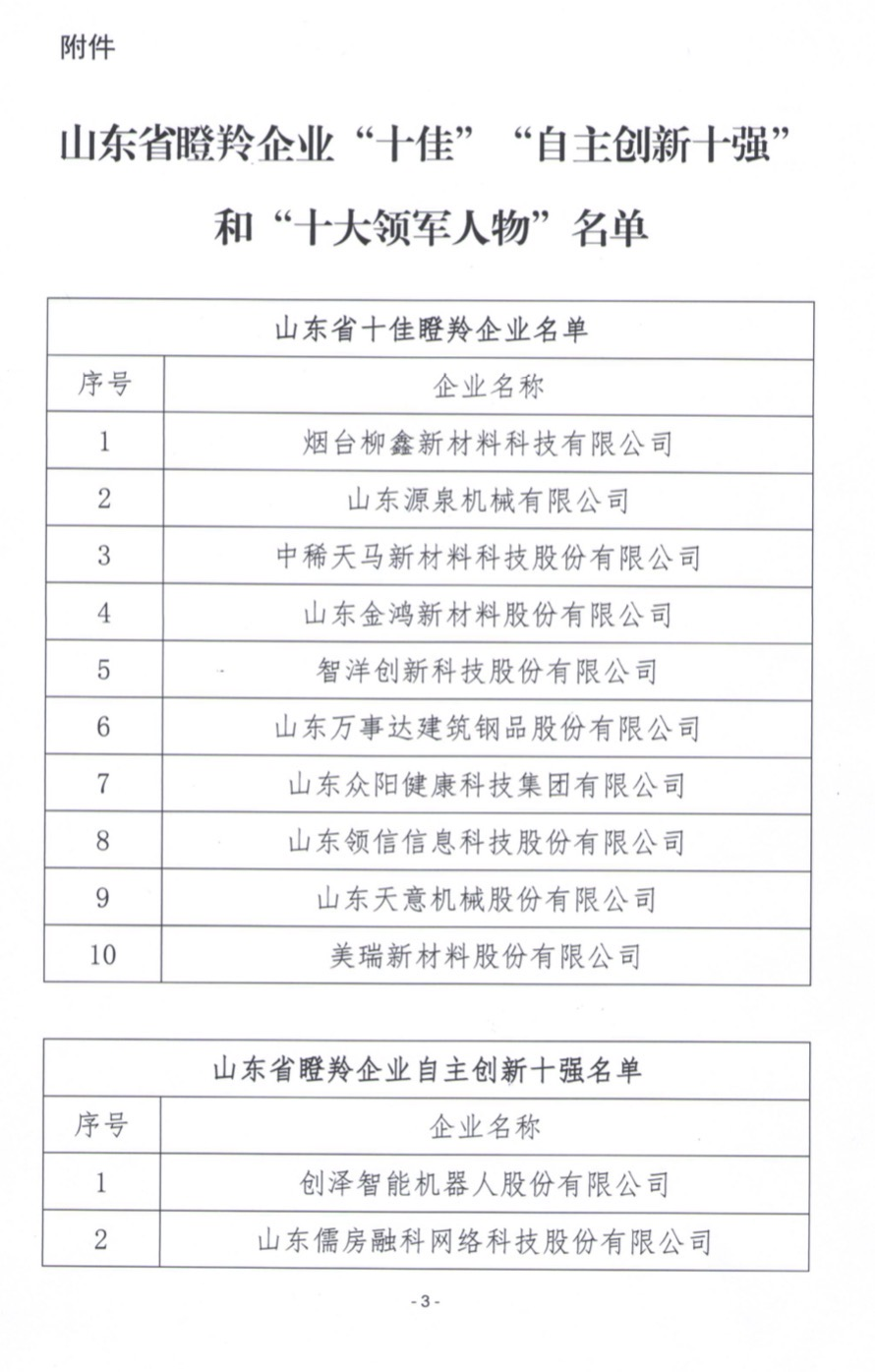 關于公布山東省瞪羚企業“十佳”“自主 創新十強”和“十大領軍人物”名單的通知