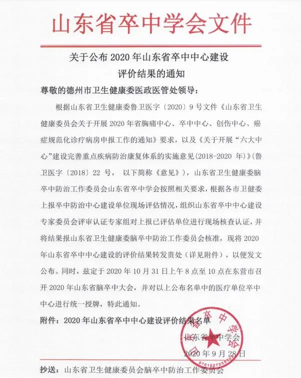 【喜報】德州市中醫院卒中中心順利通過山東省卒中中心建設評審 成為“山東省卒中防治中心建設”單位