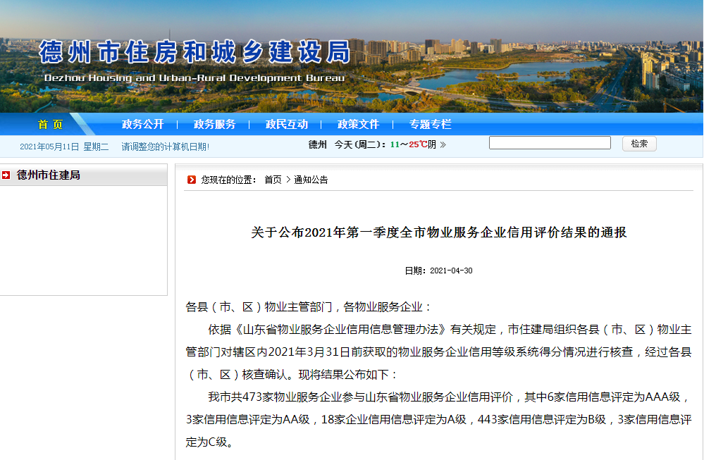 德州473家物業信用評價結果公布！快看你家物業是幾級？