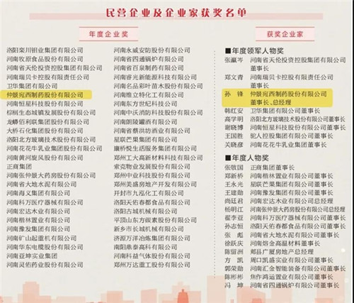“2020河南社會責任企業”推選獲獎名單仲景宛西制藥，榜上有名！