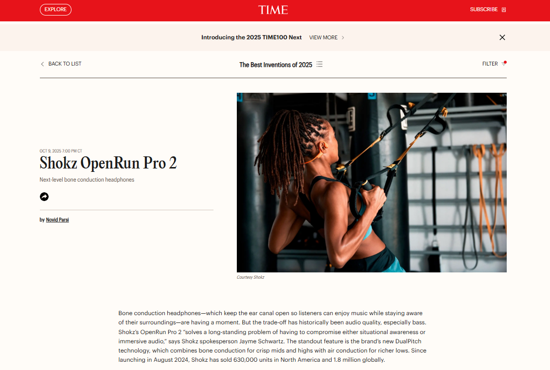 《時代》最佳發明榜發布：韶音OpenRun Pro 2成全球唯一上榜開放式耳機