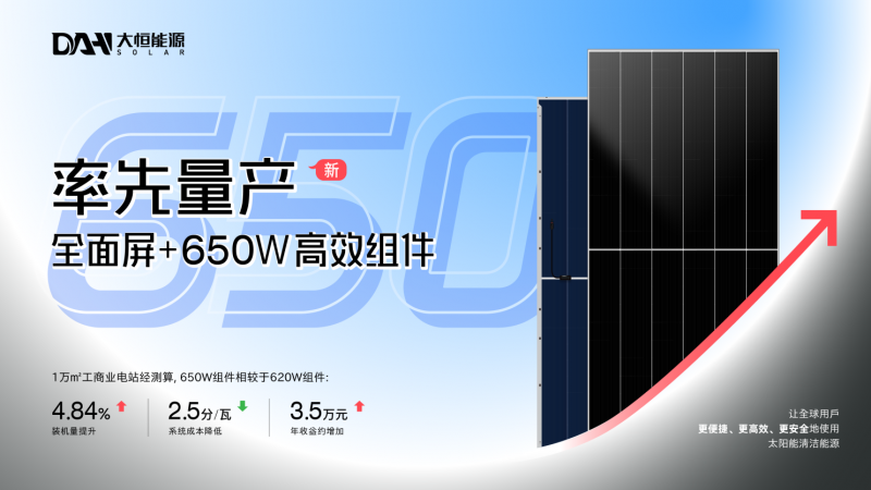 大恒能源：全面屏+650W高效組件率先量產