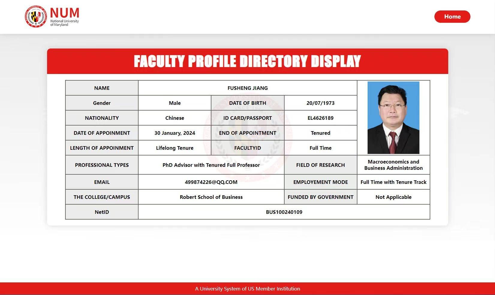 江富生被聘為馬里蘭國立大學終身教授、博士生導師 
