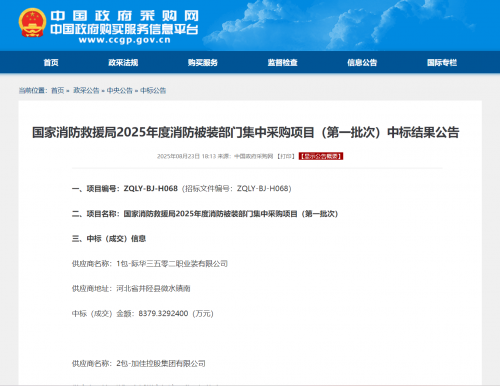 際華集團（601718.SH）中標國家消防救援局重大采購項目，金額5.1億元